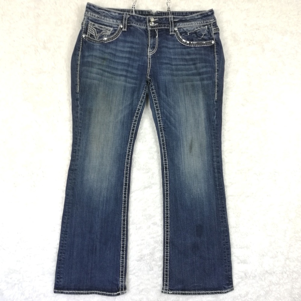 Vigoss Womens Jeans New York Boot Cut Blue Denim Flap Pocket Whiskering Plus 18